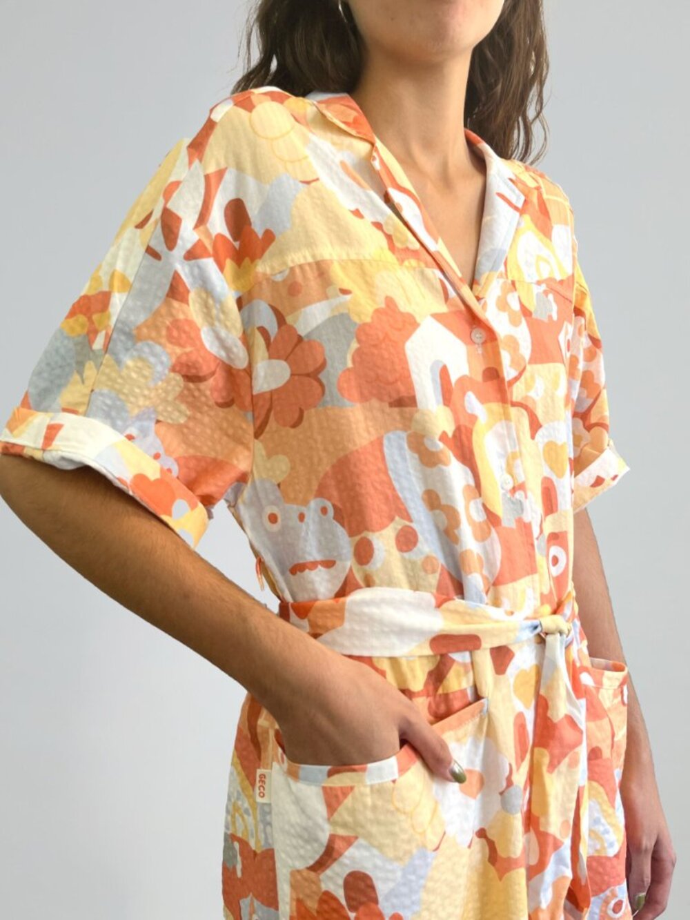 Shirt Dress in Orange and Cream "Geco's Friends" Print